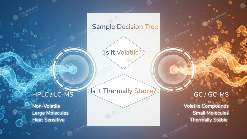 Comparison of HPLC and GC chromatography systems with sample decision tree for laboratory analysis.