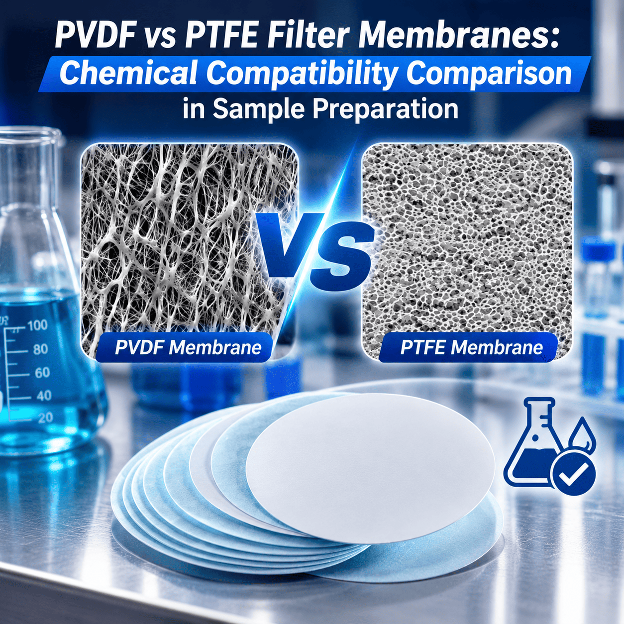 PVDF and PTFE syringe filter membranes compared for HPLC chemical compatibility