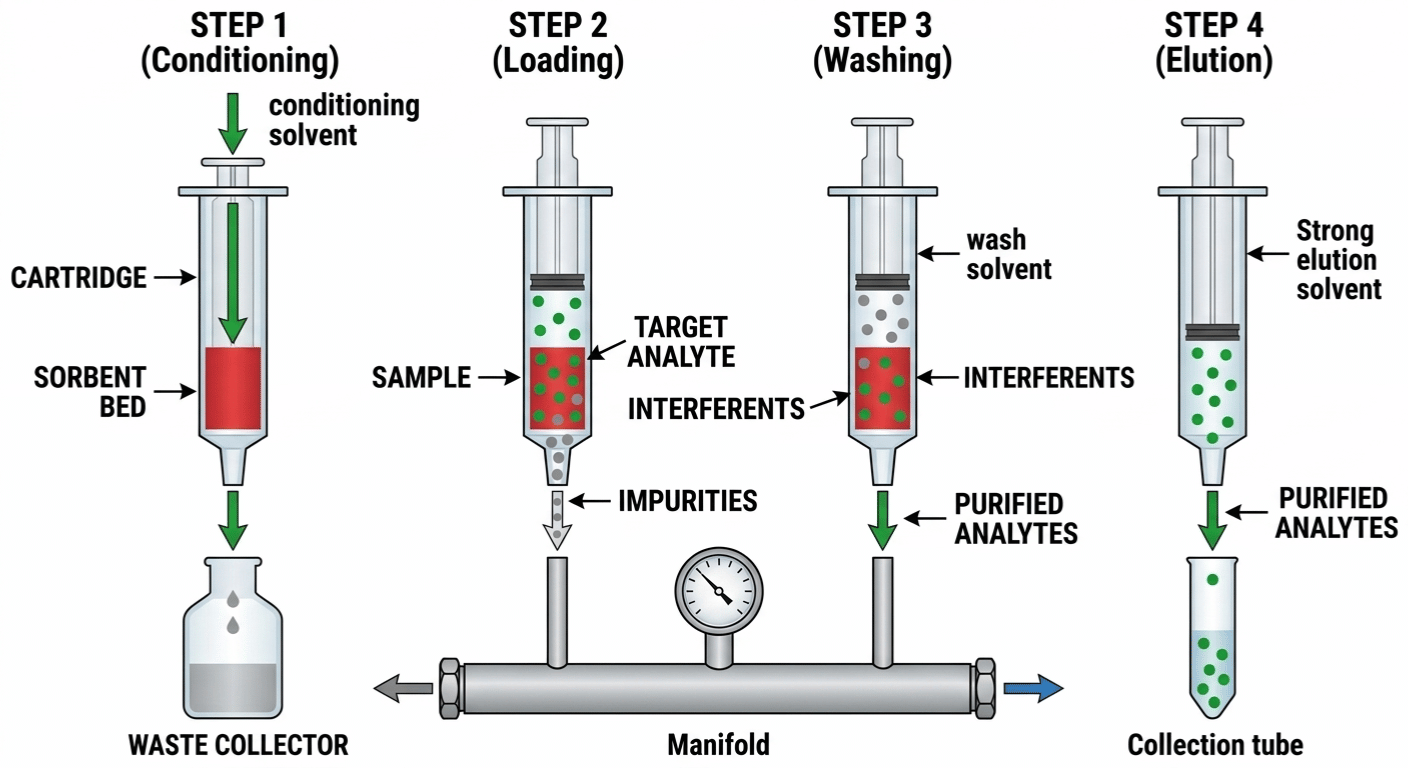 A laboratory professional performing solid phase extraction chromatography using SPE cartridges and a vacuum manifold.