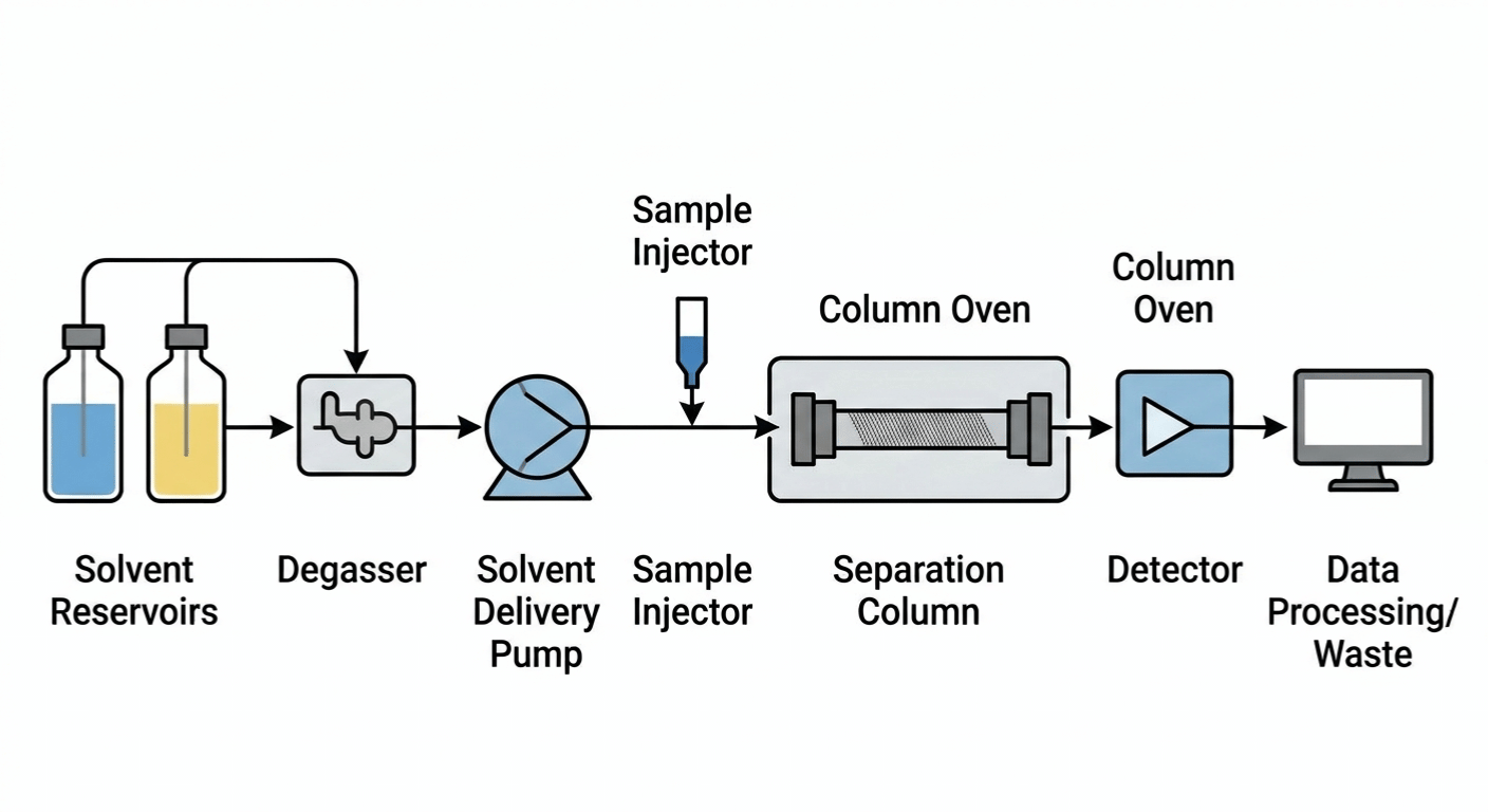 Professional HPLC system flow diagram illustrating the mobile phase journey from reservoir to detector for high performance liquid chromatography.